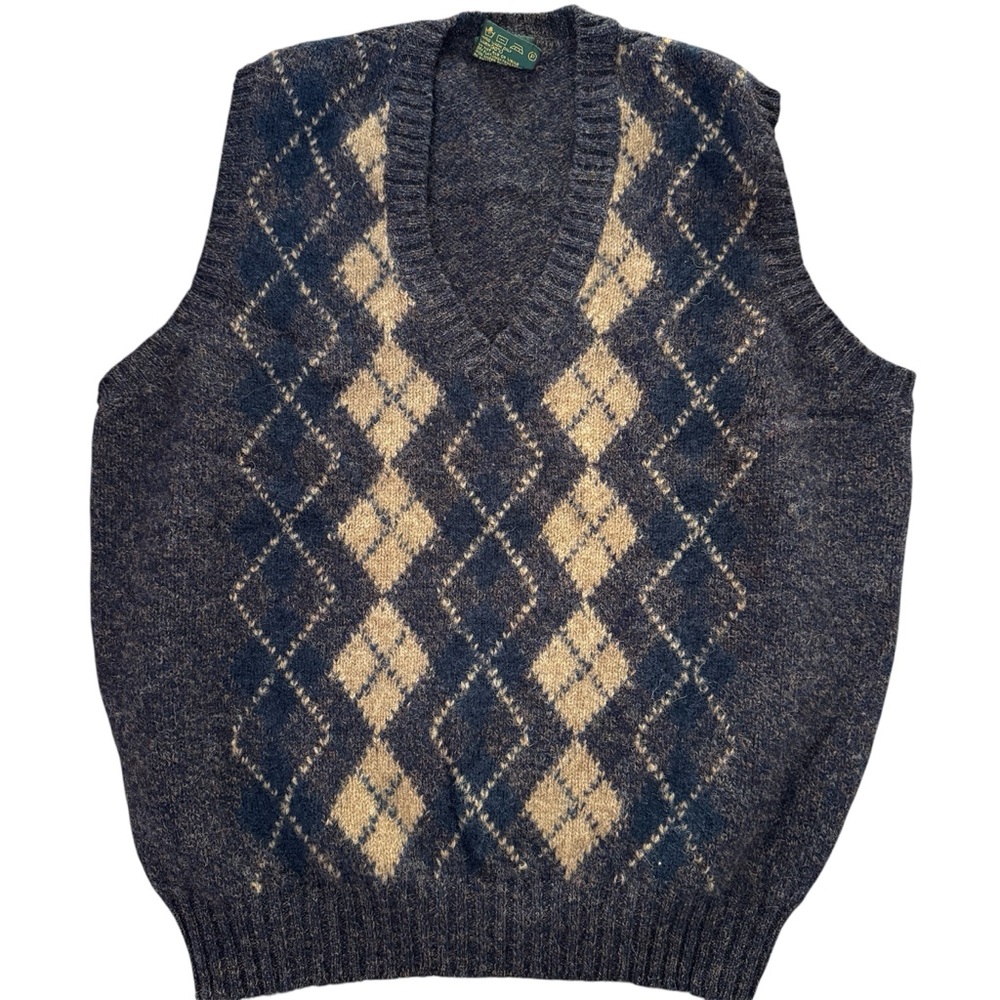 Vintage Billy Kelly Ireland Argyle Shetland Wool Sweater Vest Blue and Tan Sz L